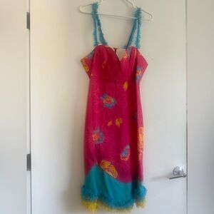 Azadeh Couture 100% Silk Floral Feather Trim Vintage Y2k Whimsical Dress XL